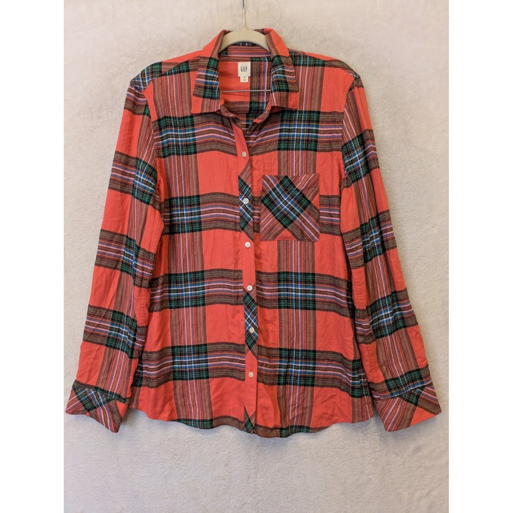 Gap Button Down Shirt Women's Medium Coral Plaid Long‎ Sleeve